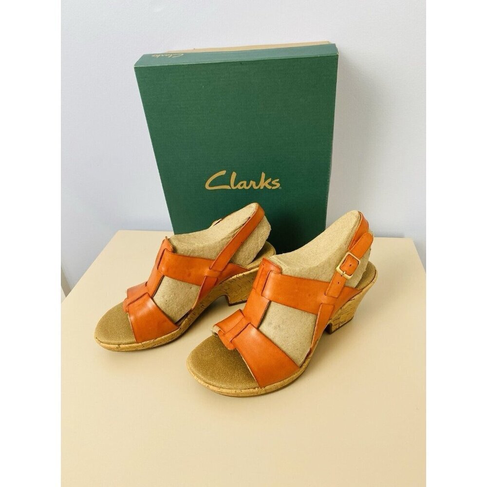 NEW! Clarks Rose Memory Orange Leather Slingback Cork Wedge Sandals Womens 7M